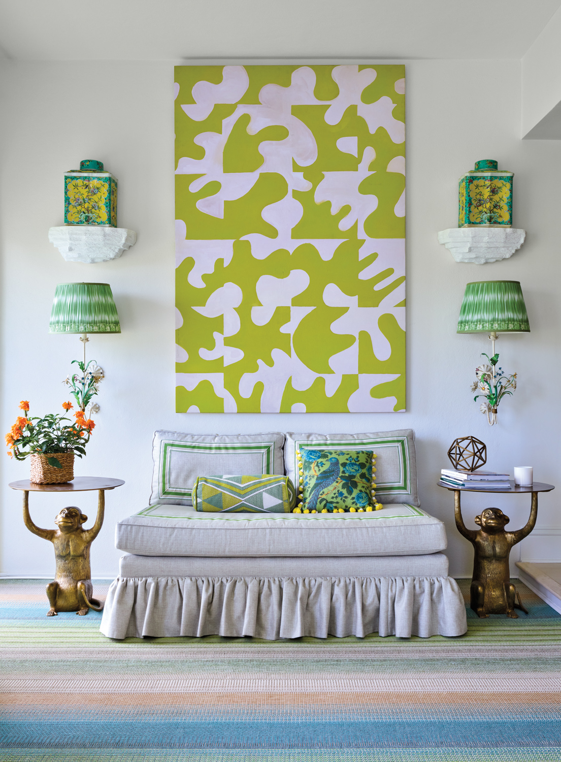 room with large green graphic,...
