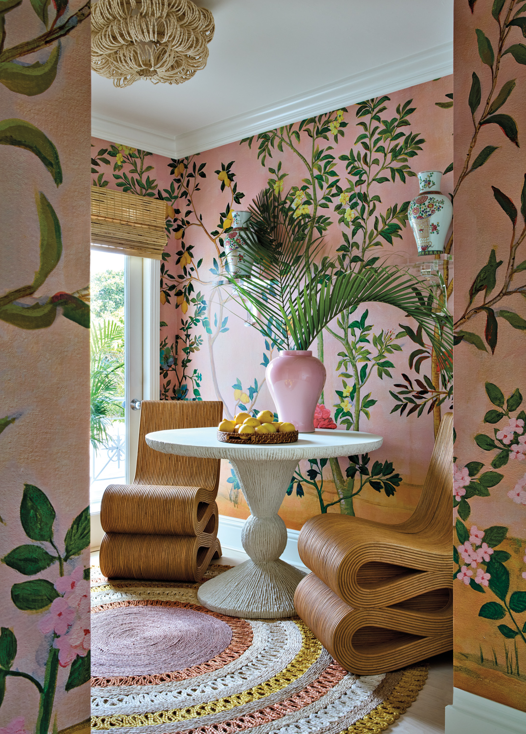 room with tropical pink wallpaper,...
