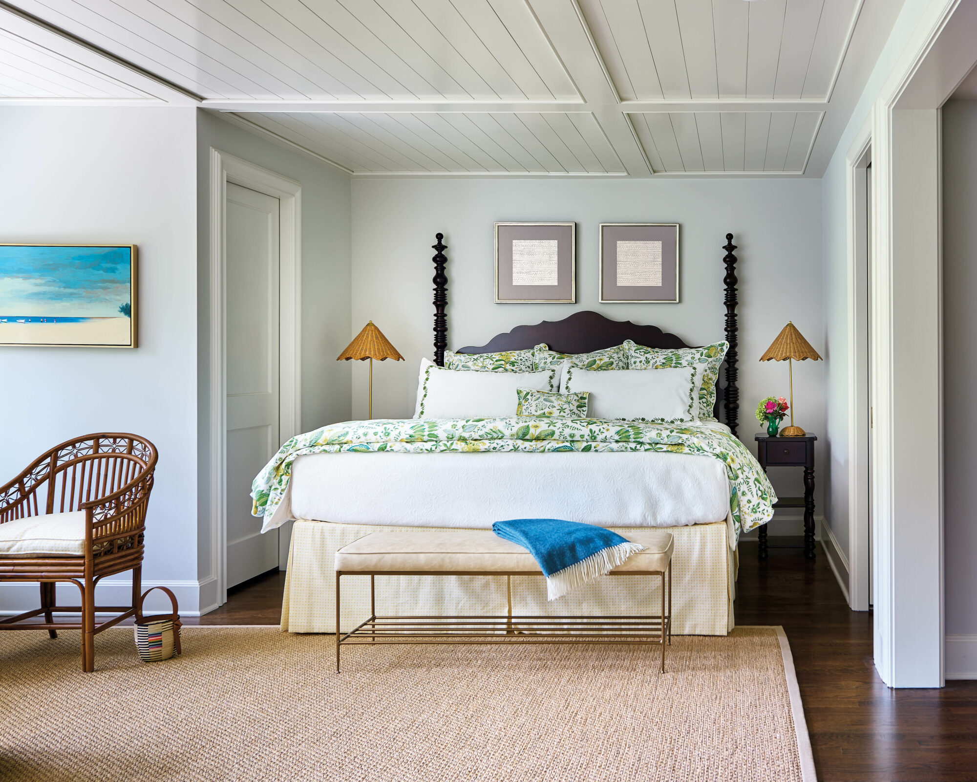 Skirted wooden bed accompanied by...