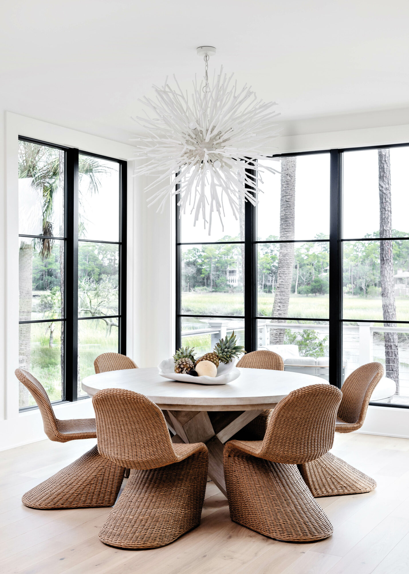 Dining area with large windows,...