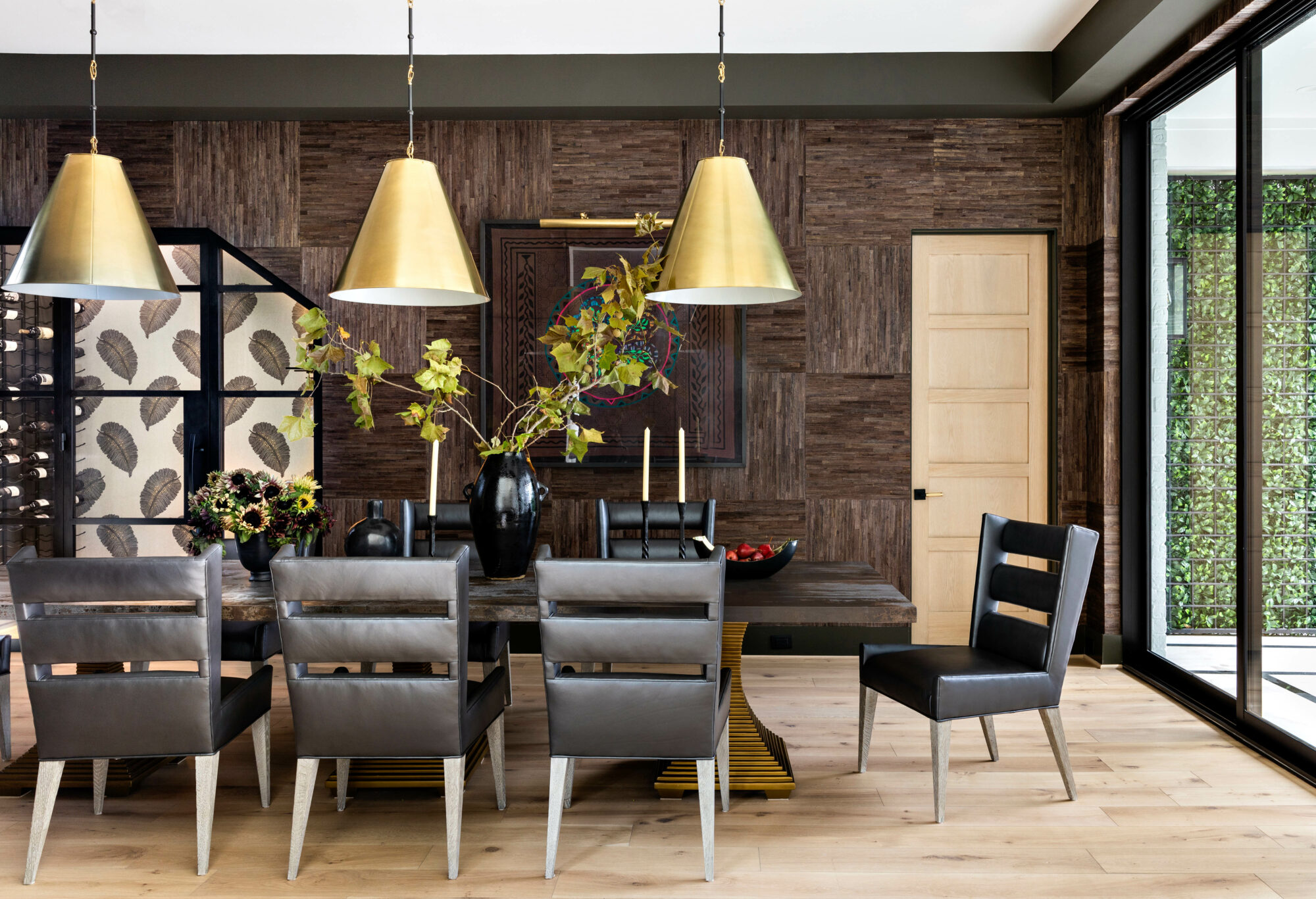 dramatic dining room with textural...
