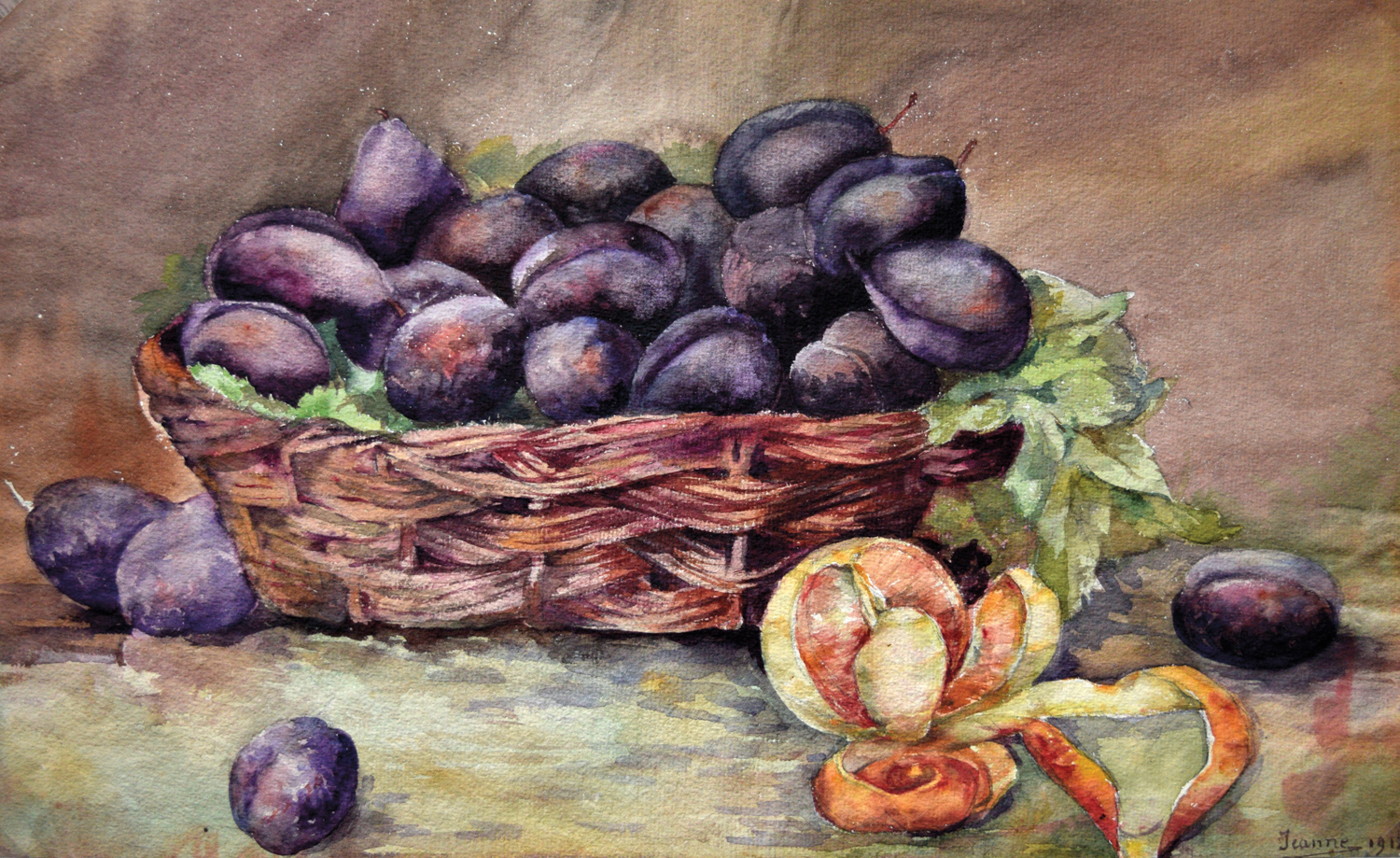 Still-life painting of plums in a woven basket recommended by Sherrell Neal