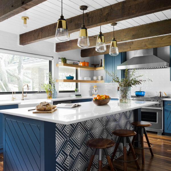 kitchen with wood beams and blue accents