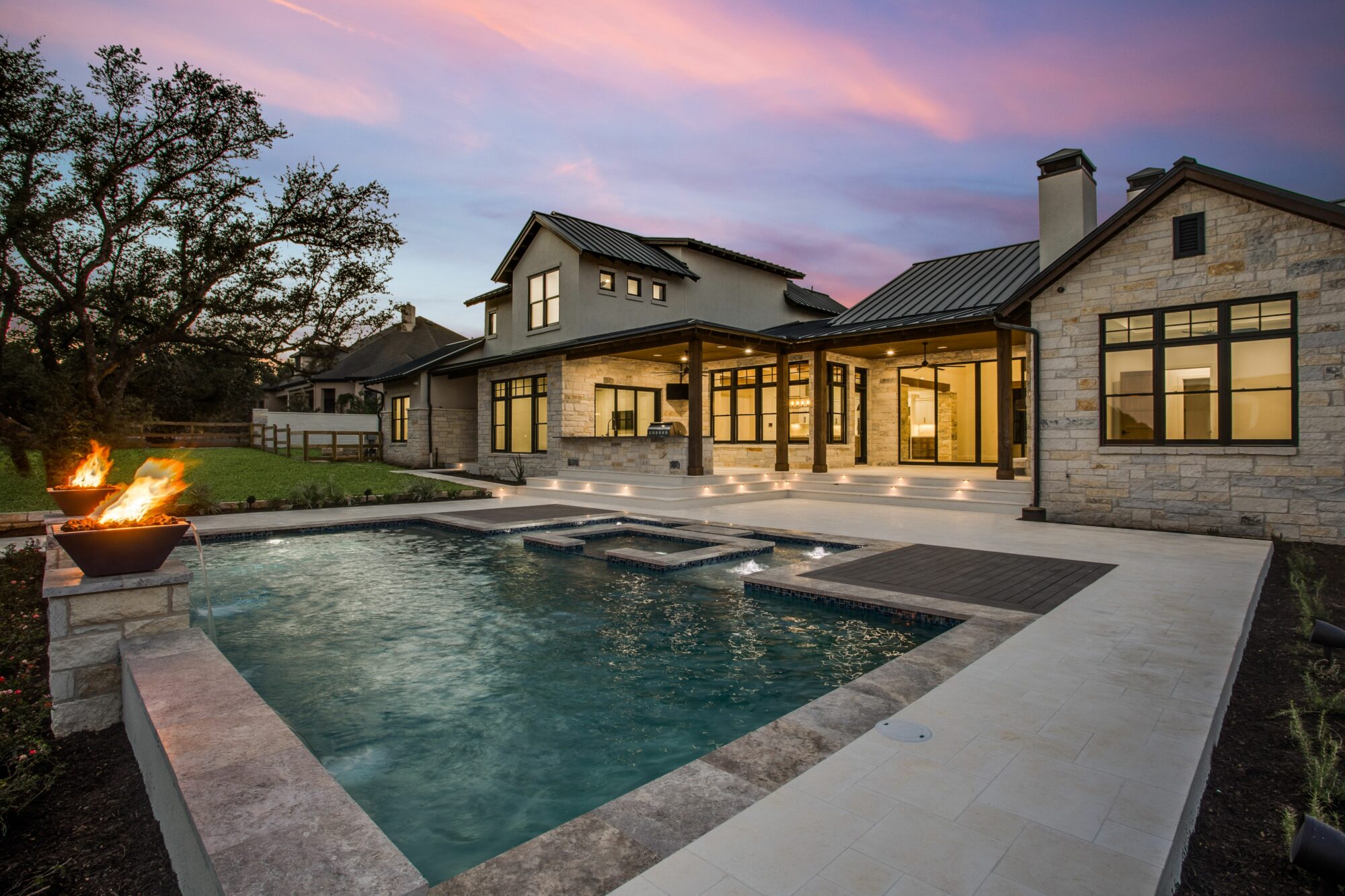 Exterior home with pool with wooden beams