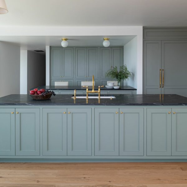 Blue cabinets and sleek countertop in kitchen