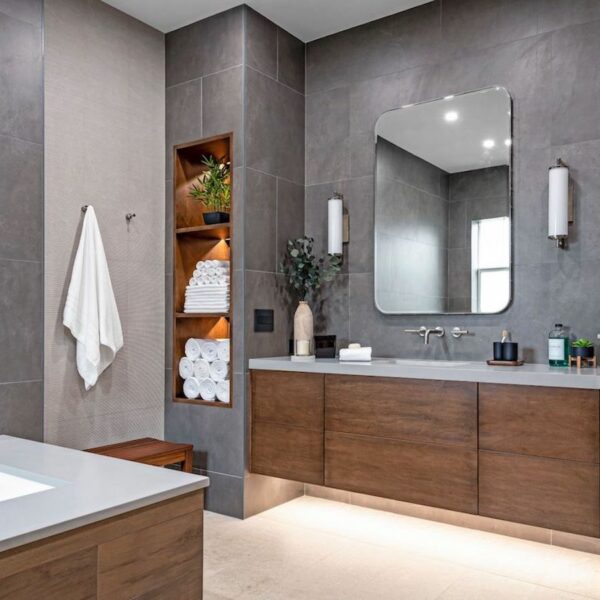 Modern spa, wood cabinets, grey walls