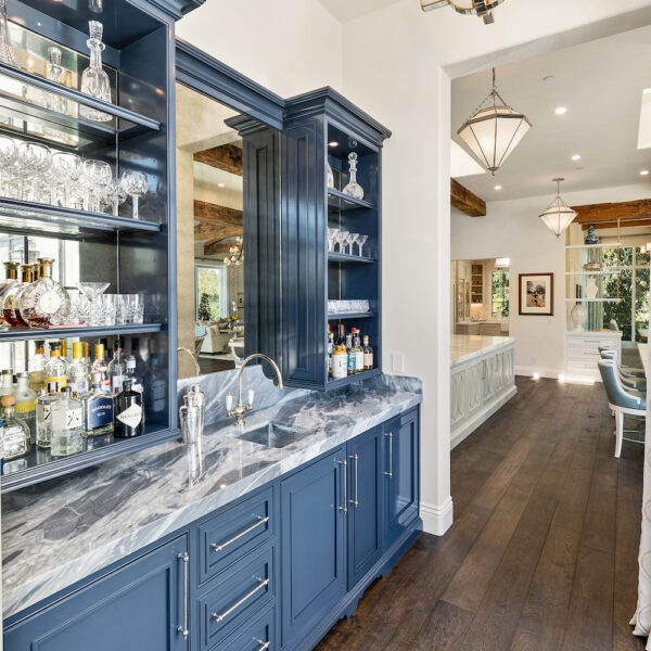built-in blue cabinets and bar in Southern California home.