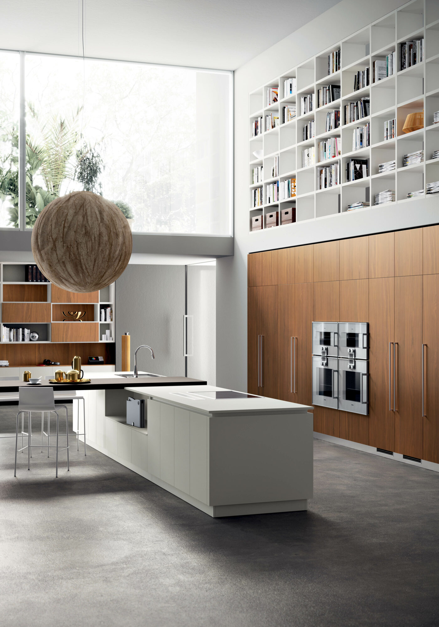 Scavolini showroom featuring a white kitchen island and wood cabinetry mentioned by Nicholas Moriarty