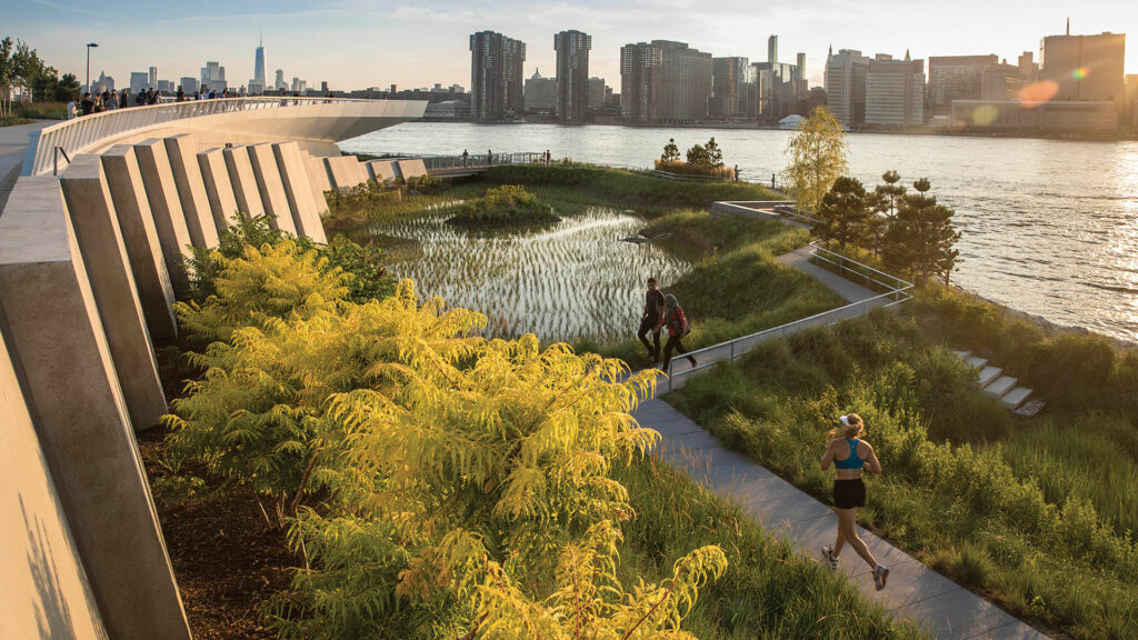 nycxdesign architecturenow exhibition photo of lush waterfront urban park with boardwalk