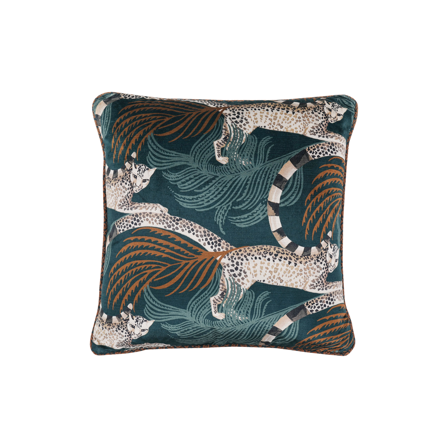 A square pillow in a print depicting lemurs and plants