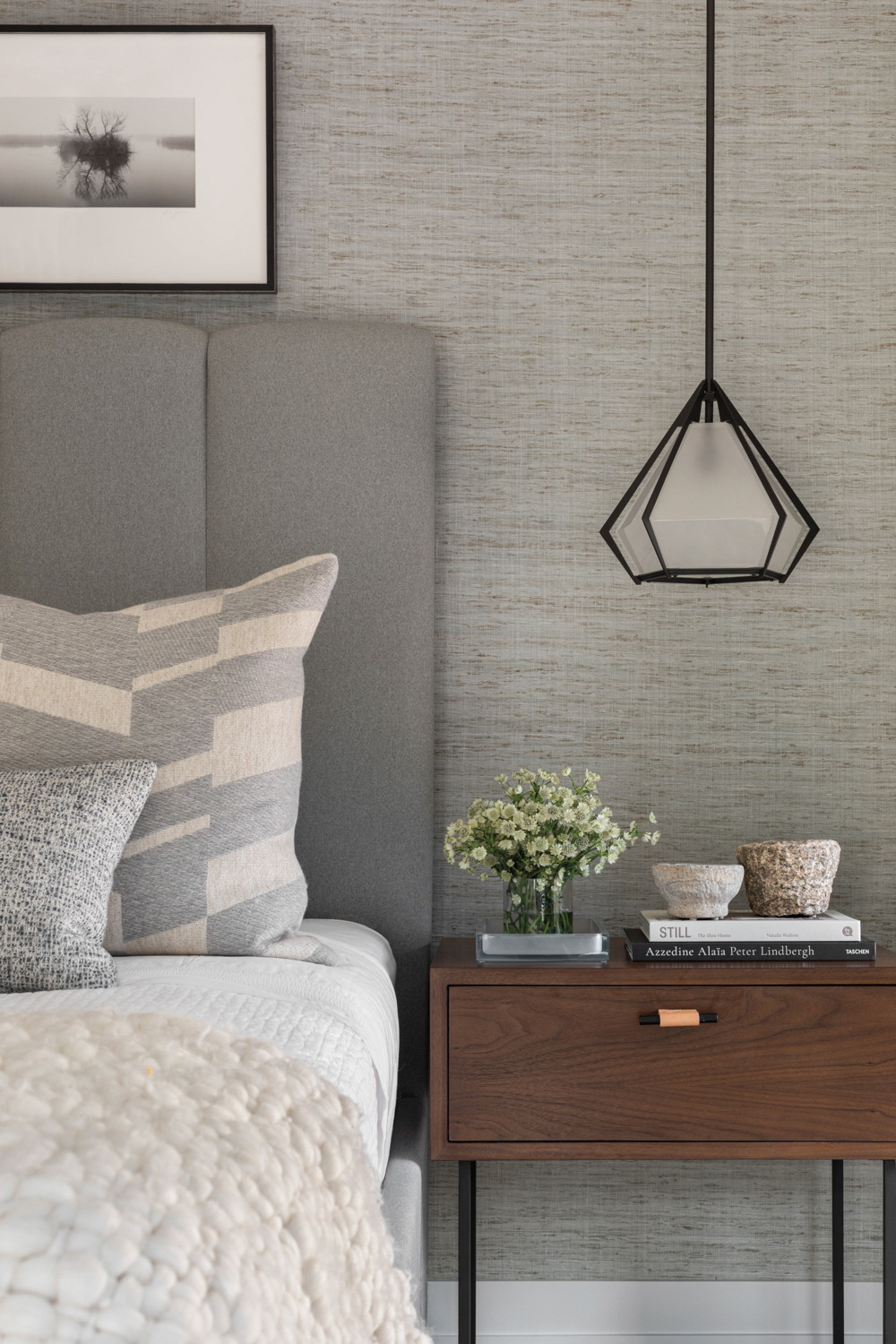 gray bedroom with textured wallcovering,...