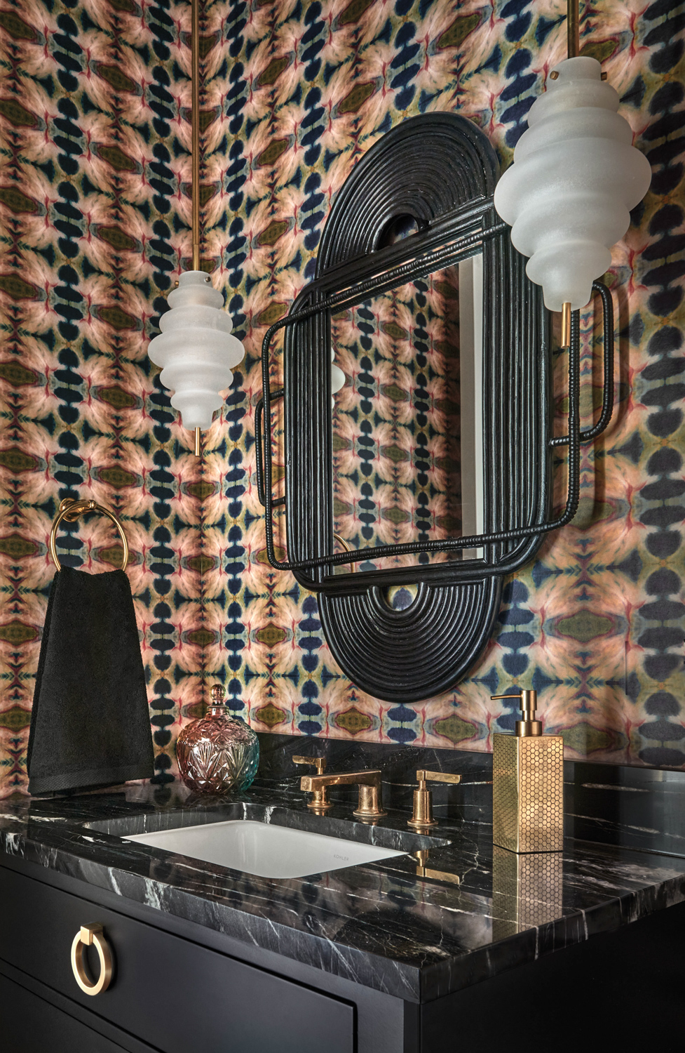 powder room with patterned wallpaper,...