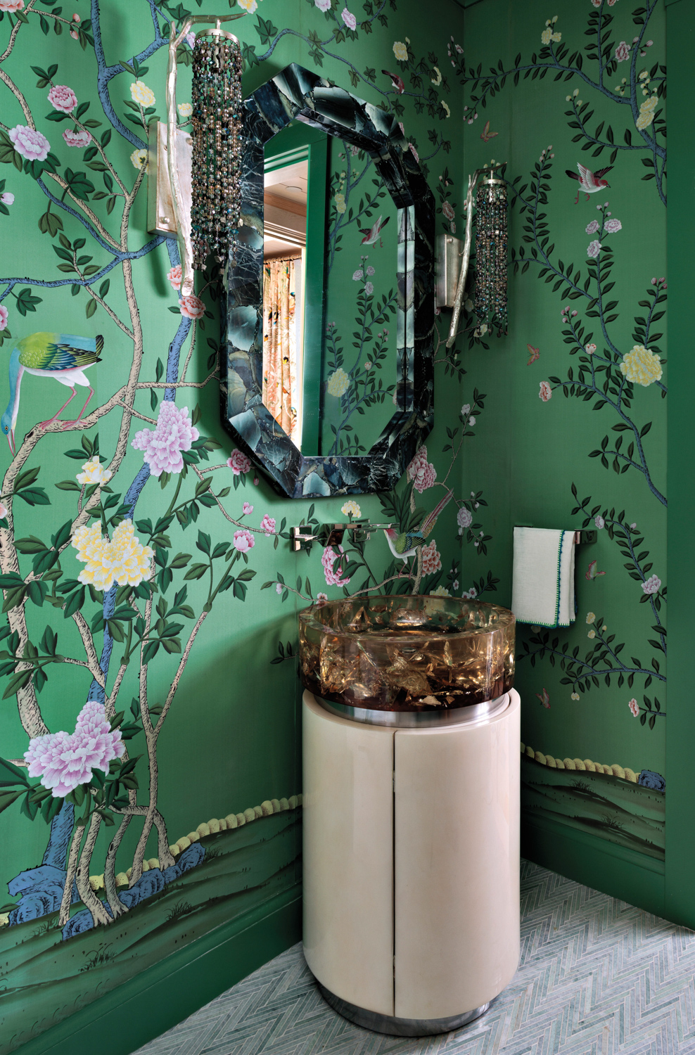 powder room with floral wallcovering...