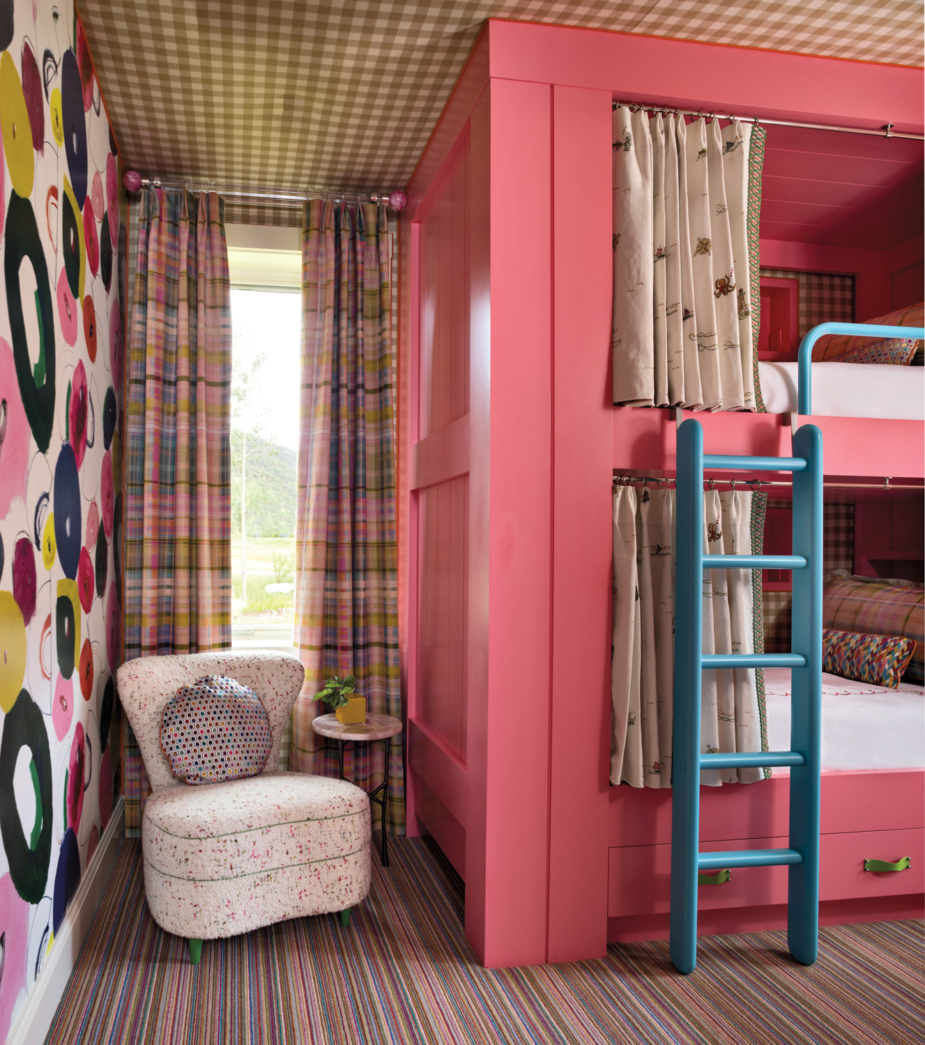 Room with pink bunk beds,...