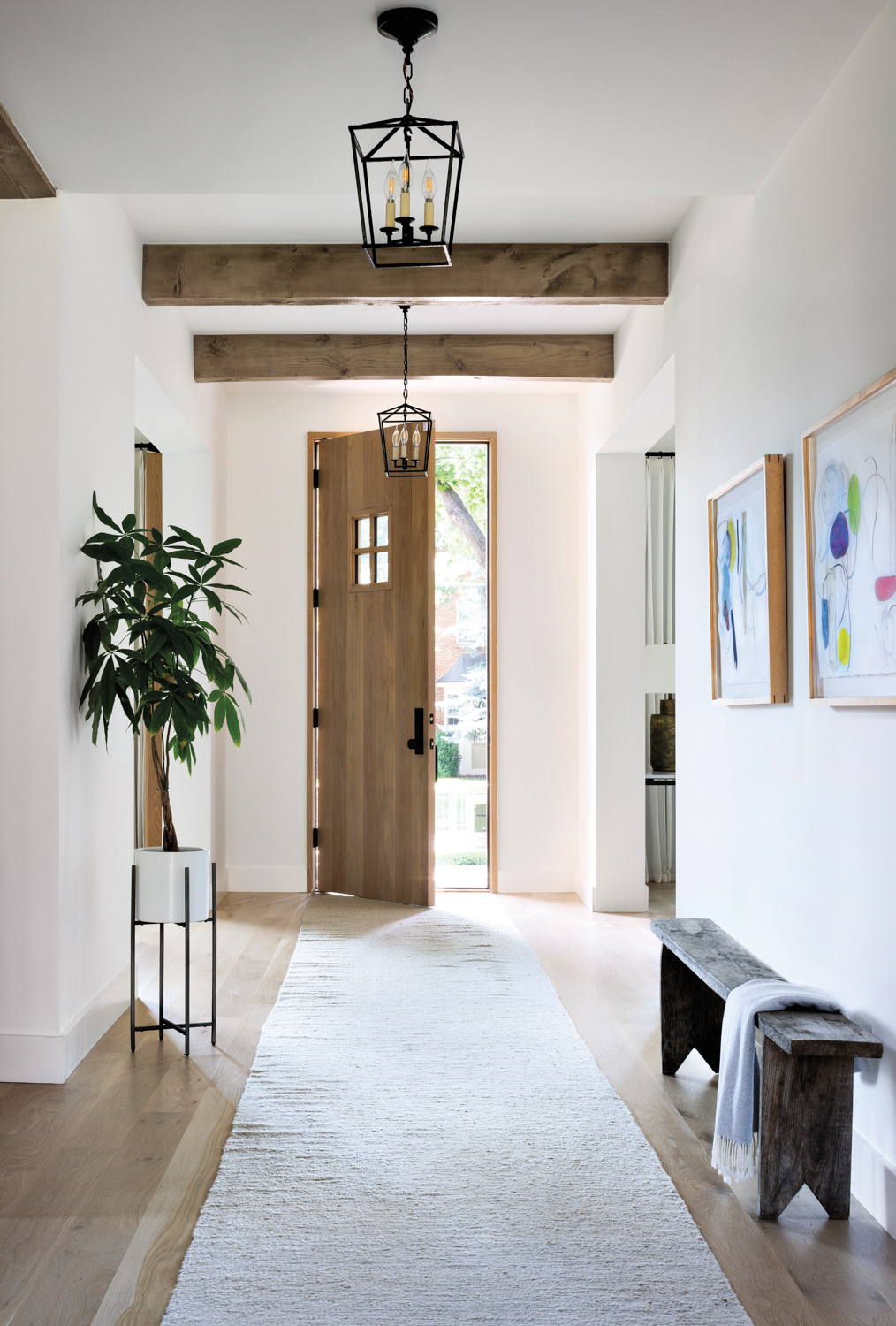entryway with wooden door, plant,...