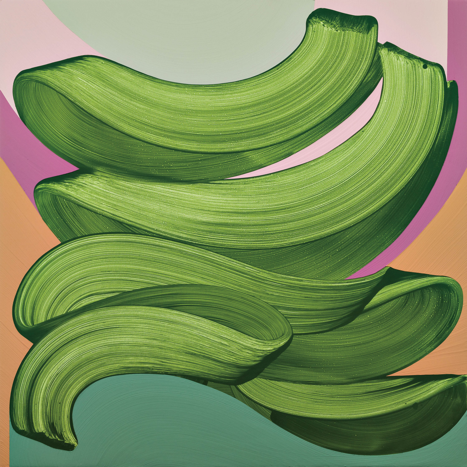 An abstract painting by Michelle Weddle featuring a large ribbon or green paint 
