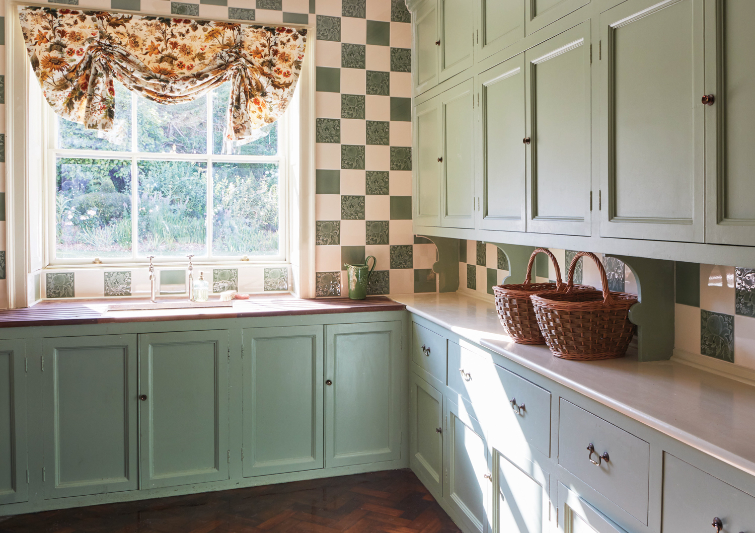 kitchen with checkered tile, green cabinets and window, part of tile collection