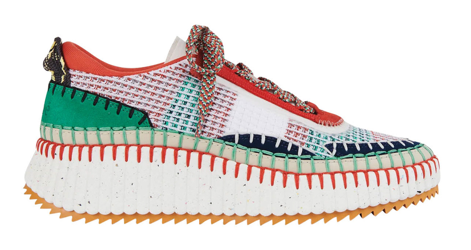 multicolored sneaker with red, green and white tones