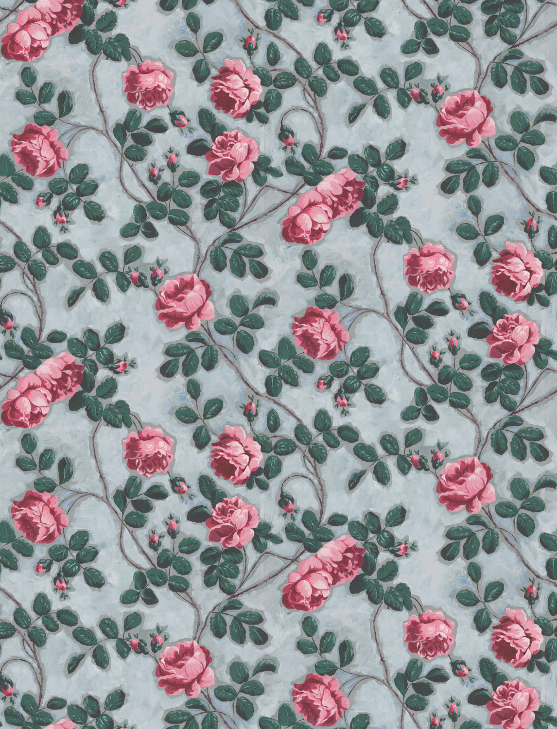 blue wallpaper patterned with quilted roses, suggested by Natasja Sadi