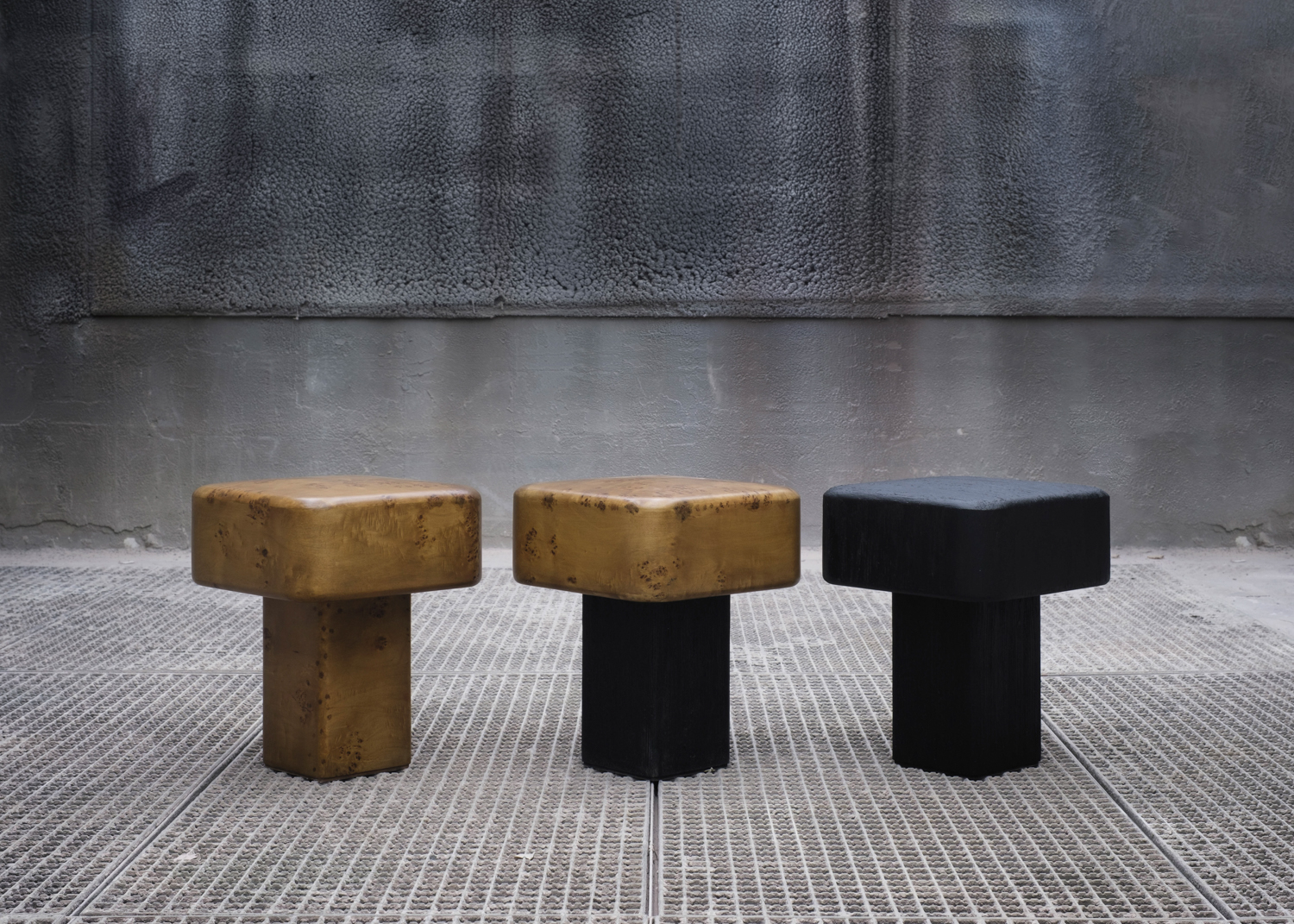 round-edge stools in maple and oak wood by Sanayi313