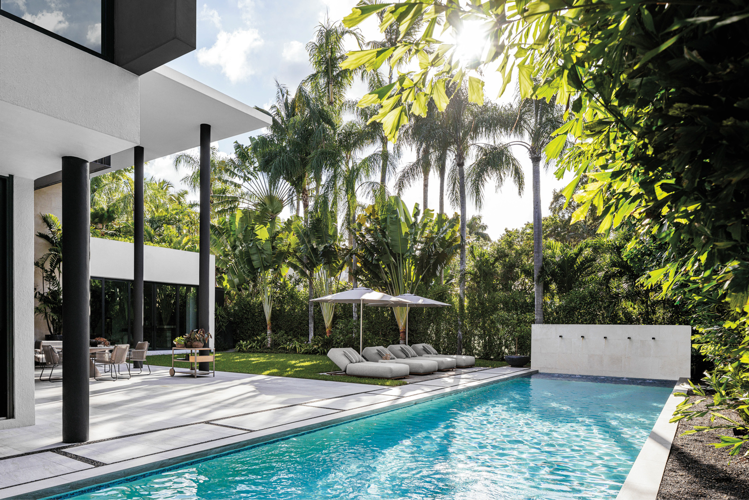 backyard pool lined with white umbrellas, lounge chairs, palm trees, shrubs and a trolley
