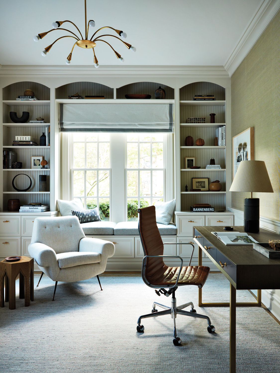 neutral home office with a...