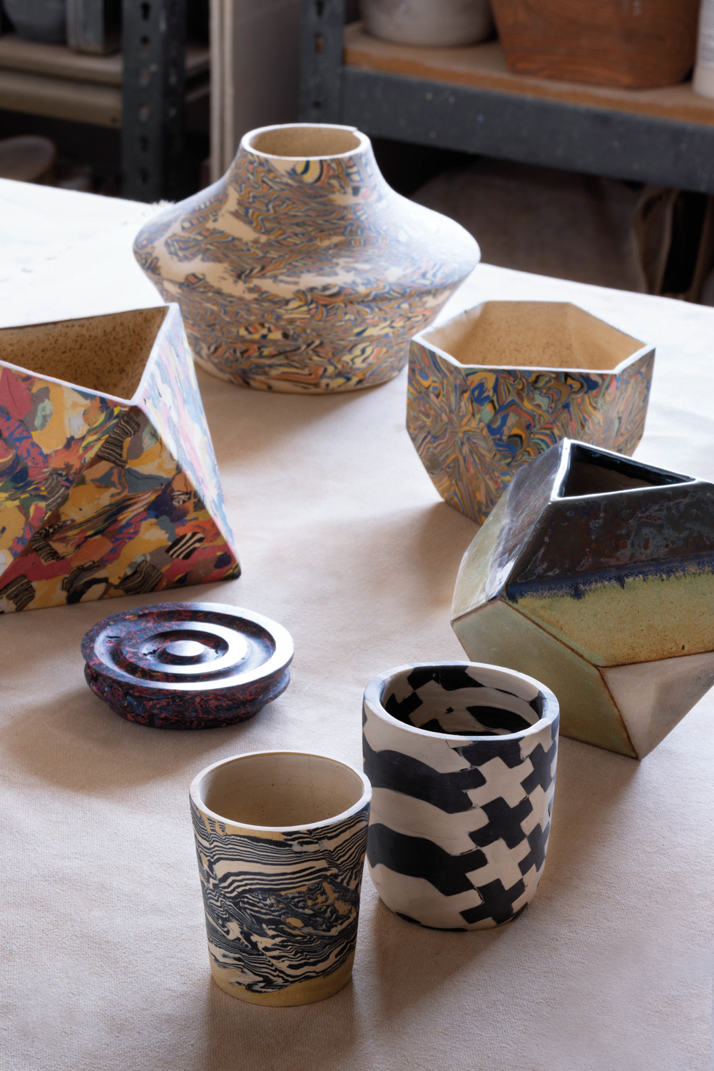 a variety of Japanese Nerikomi pottery that inspires Cody Hoyt