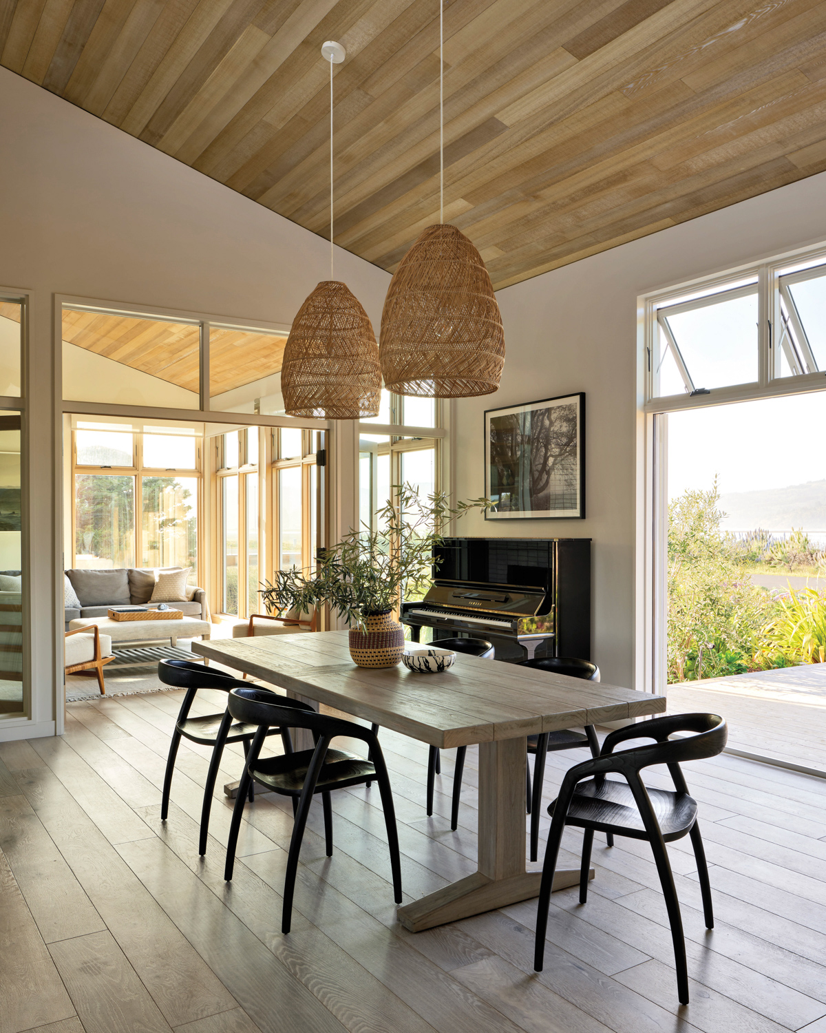 Woven pendants over a dining...