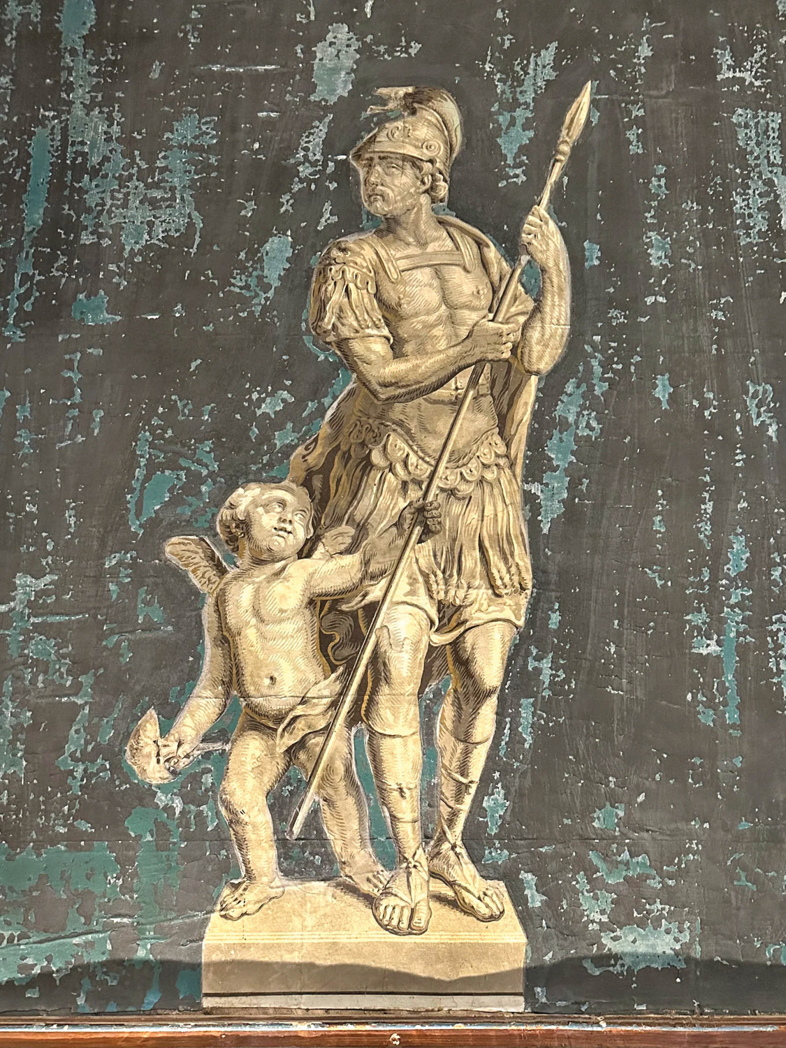 Artwork by Cindy Smith depicting stone sculpture of a cherub grabbing an ancient soldier’s spear