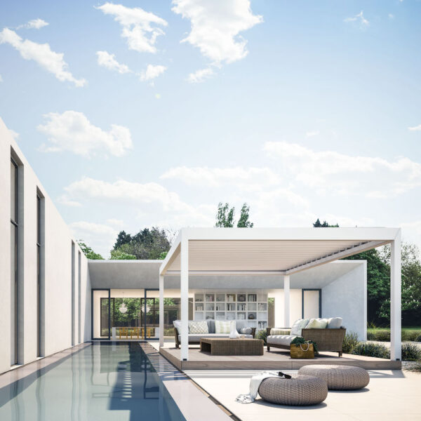 white motorized pergola on outdoor patio with infinity pool and modern furniture