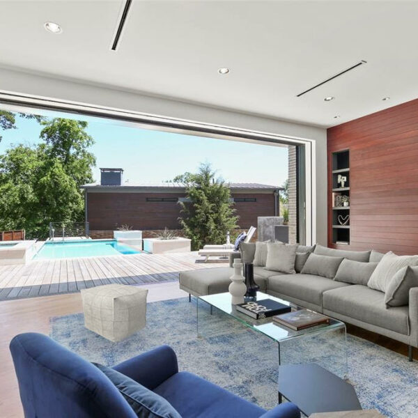 open concept living area to backyard, pocket window doors to allow outside in