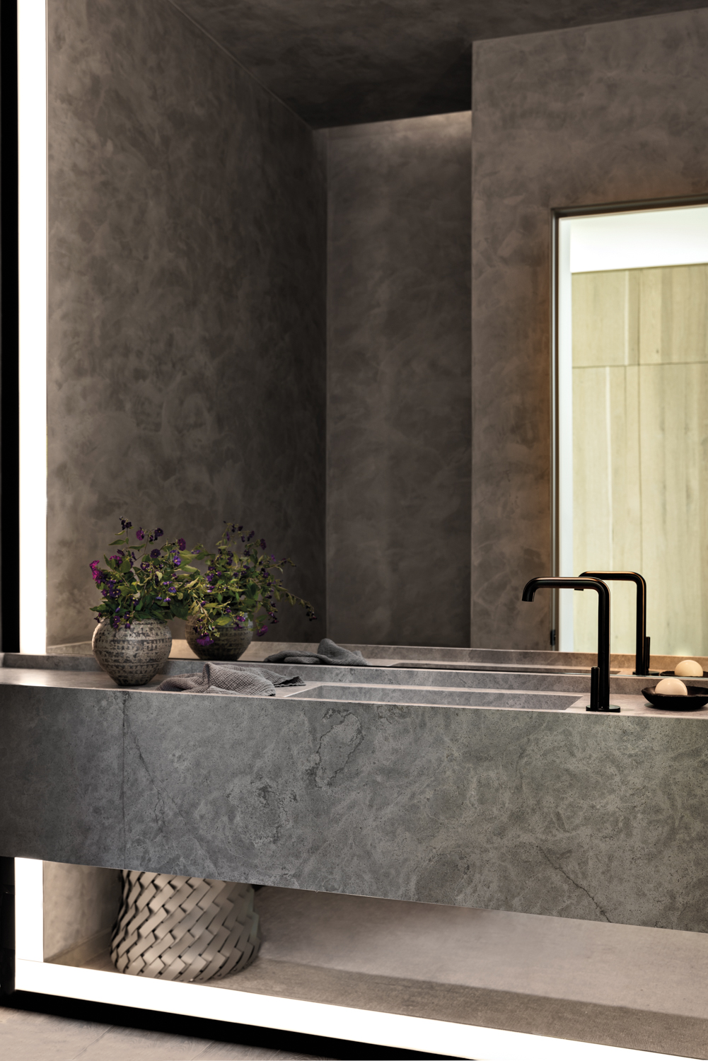 bathroom with gray stone vanity,...