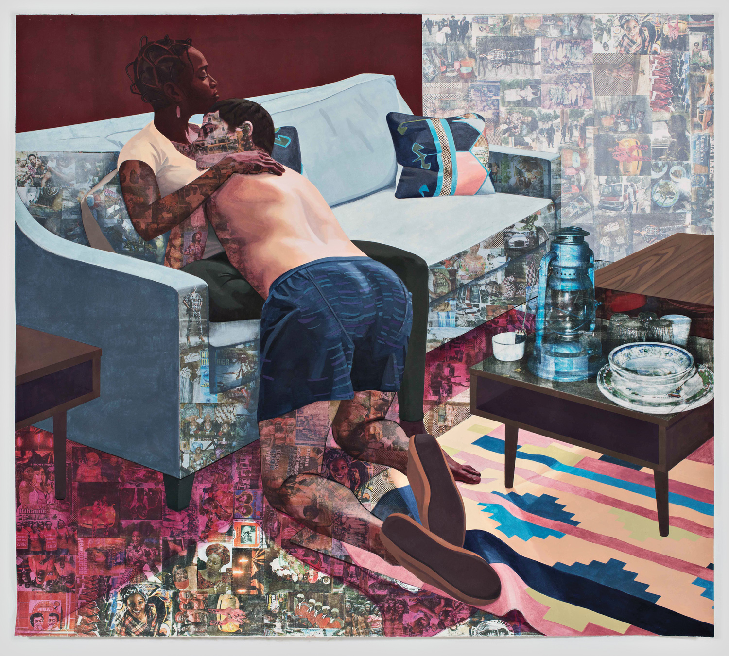 Ike Ya by Njideka Akunyili Crosby, a mixed-media artwork depicting two figures hugging on a couch
