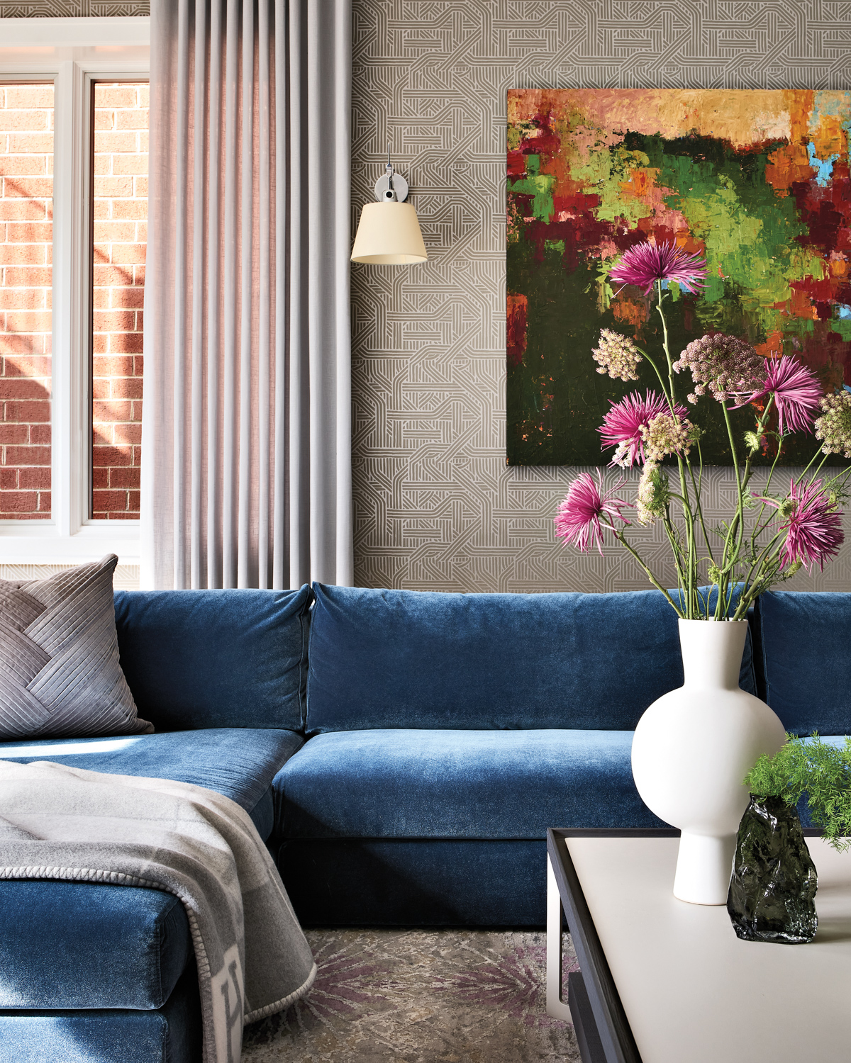 a blue sectional with a...