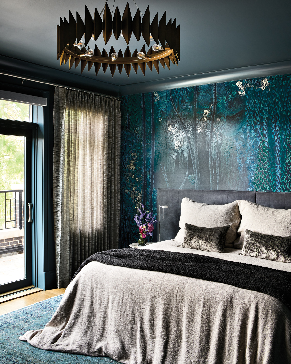 Bedroom with a whimsical patterned...