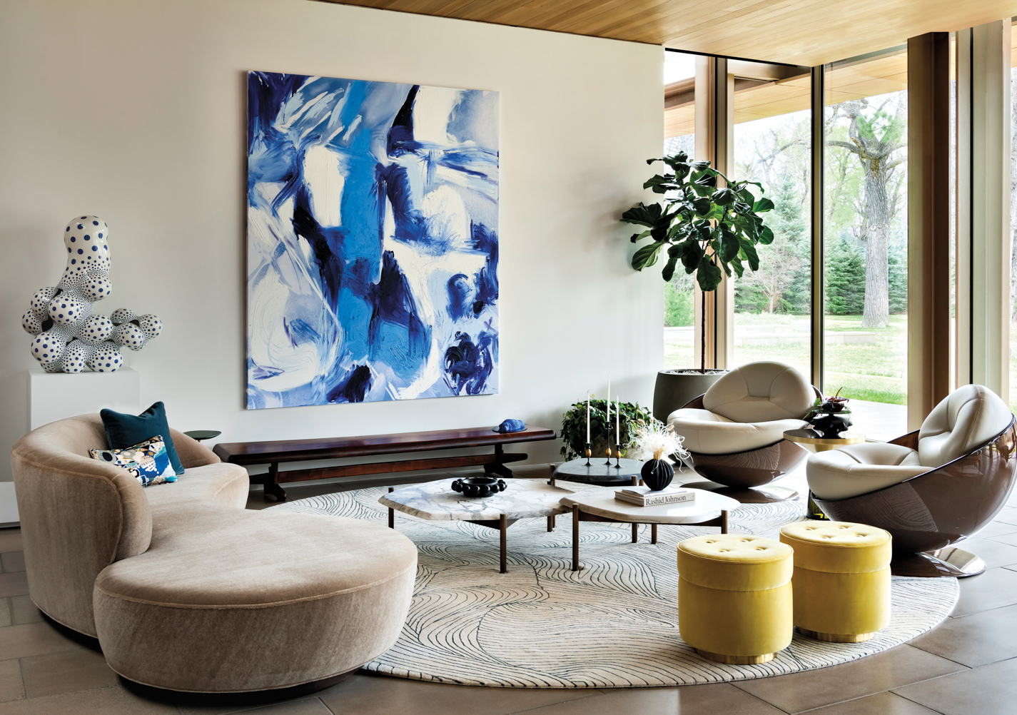 living room with abstract wall...