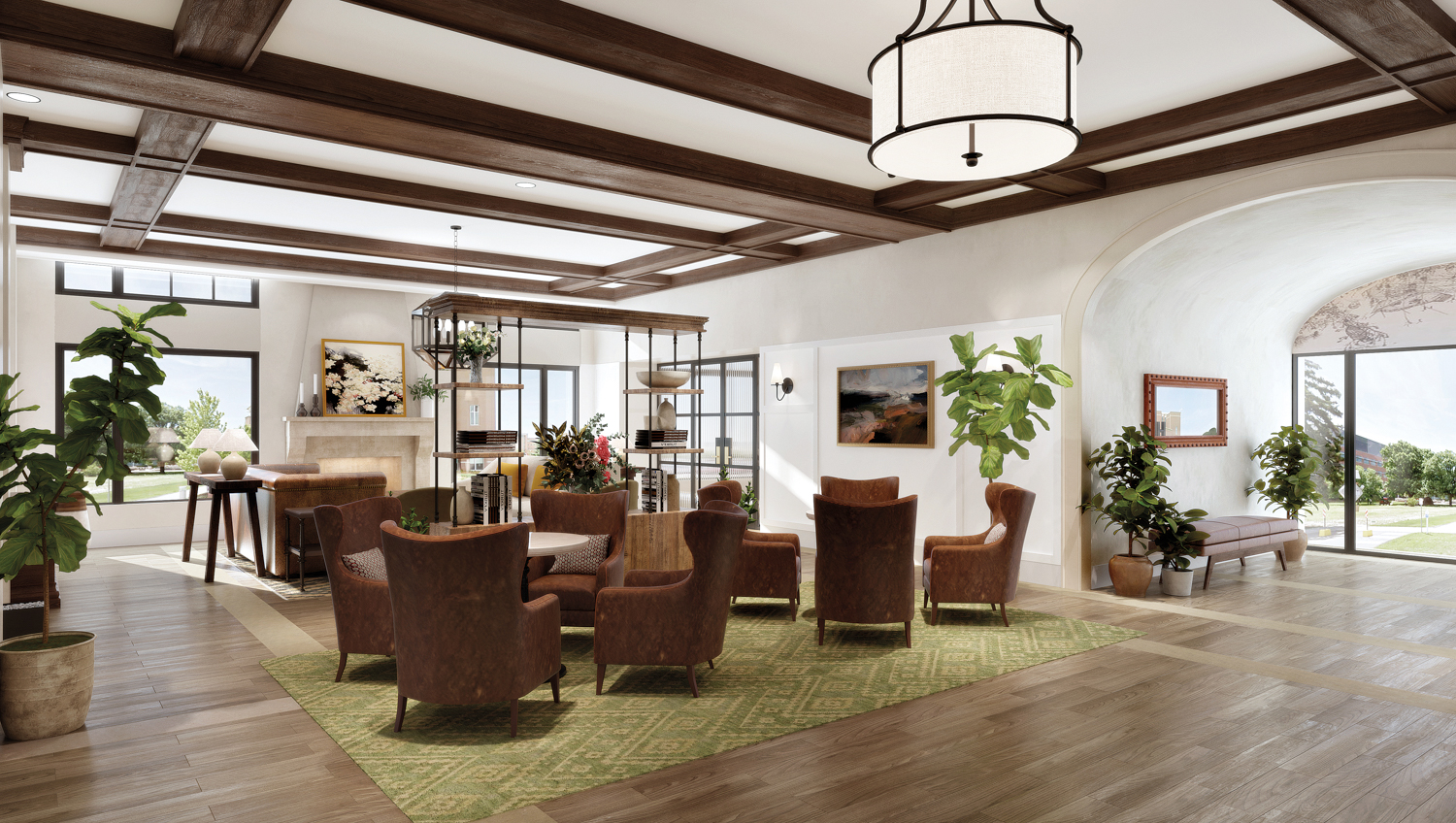 The Benson Hotel lounge room with dark-brown armchairs, wood beams on a white ceiling, and a green area rug