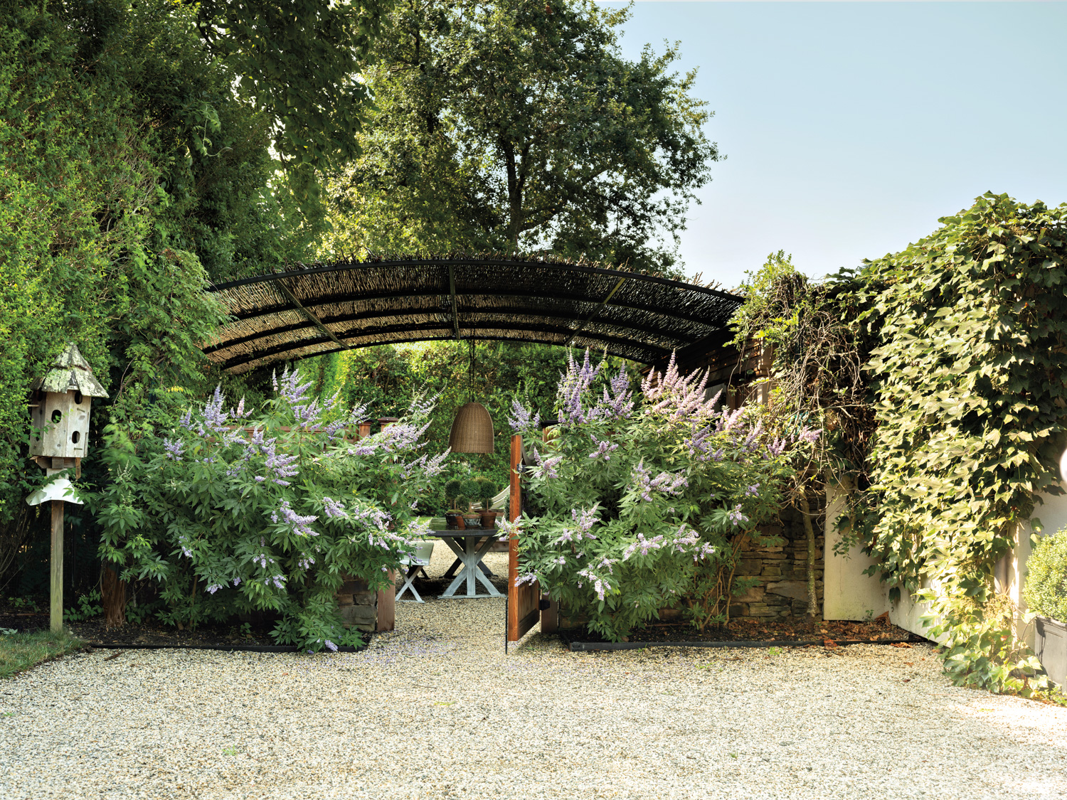 outdoor garden with an arched pergola and lots of greenery by Matthew Bromley