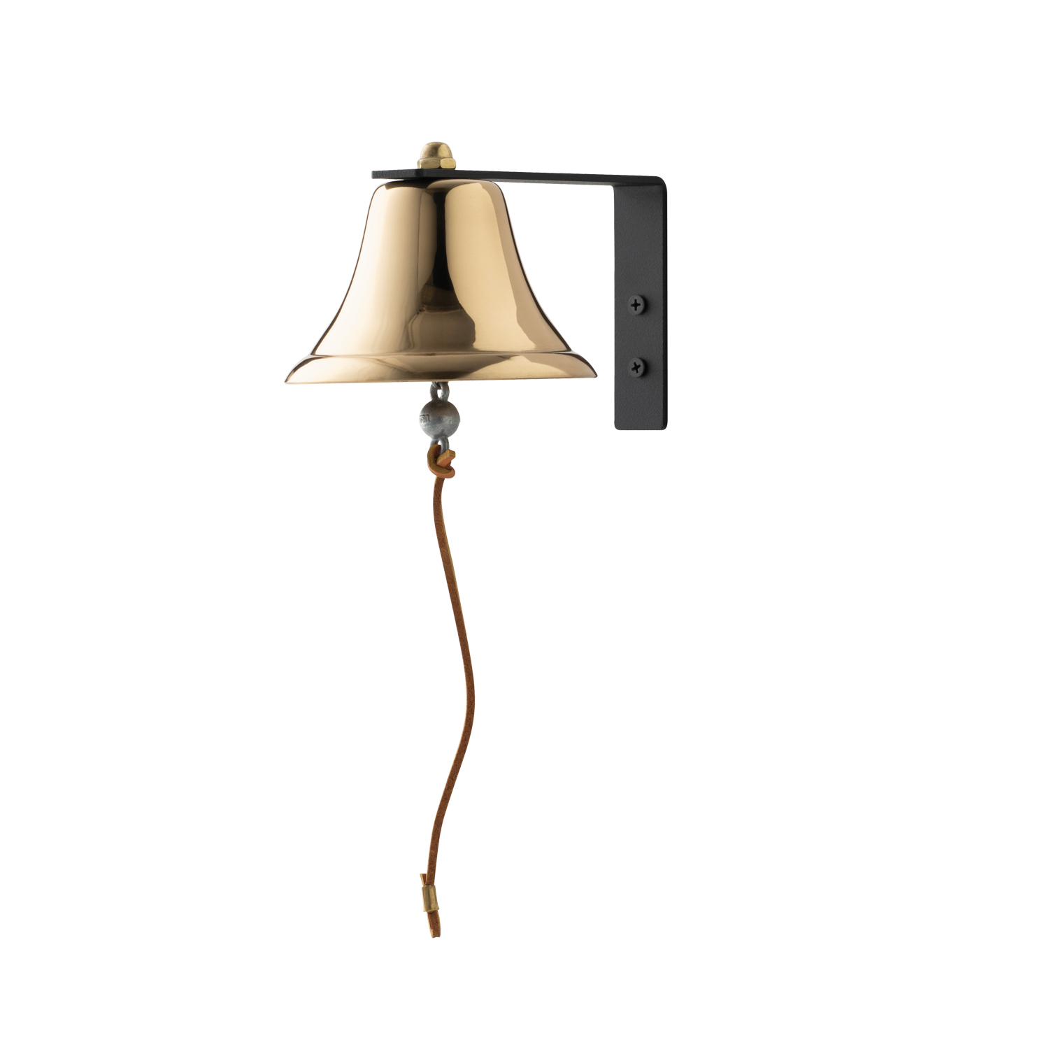 large brass bell attached to wall with black bracket