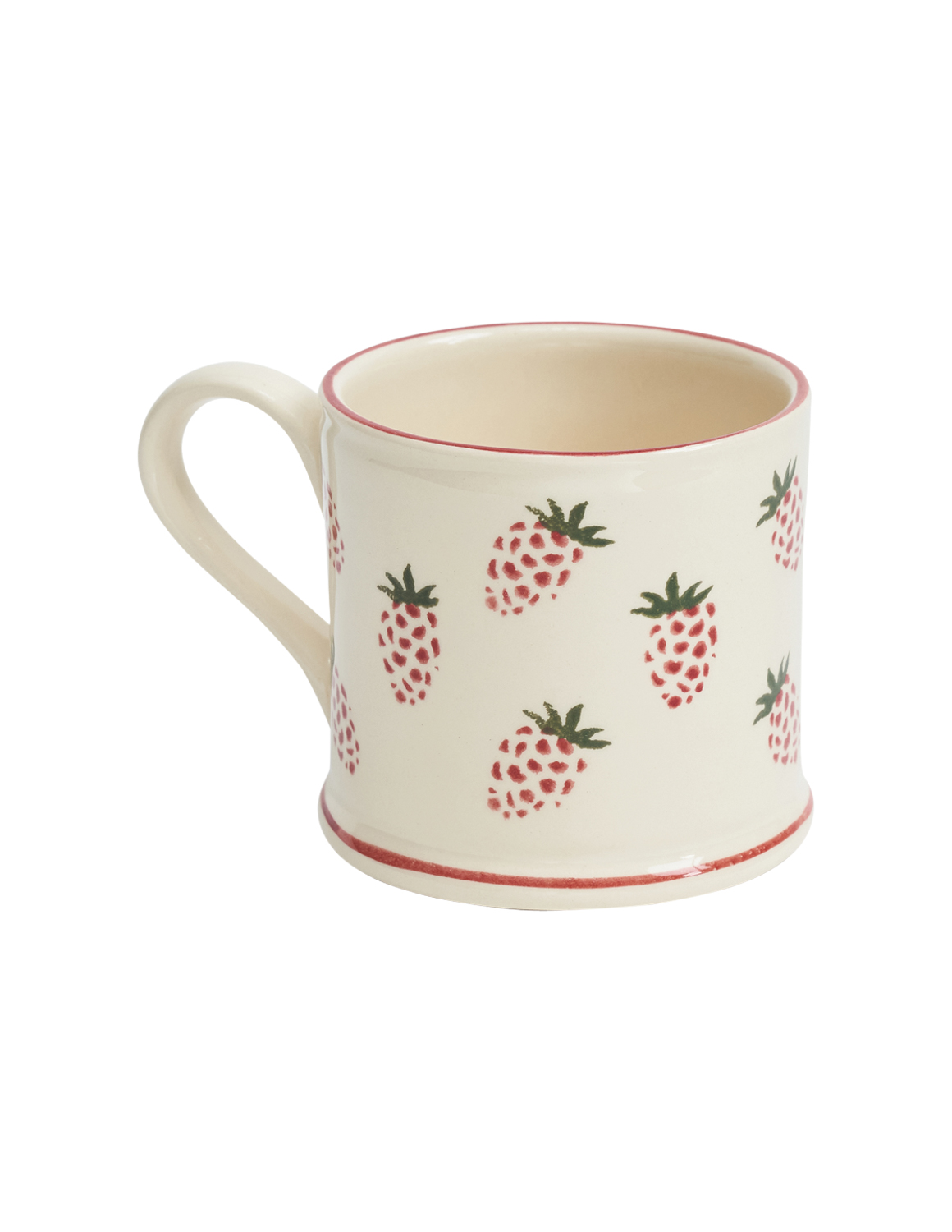 small white mug decorated with strawberries
