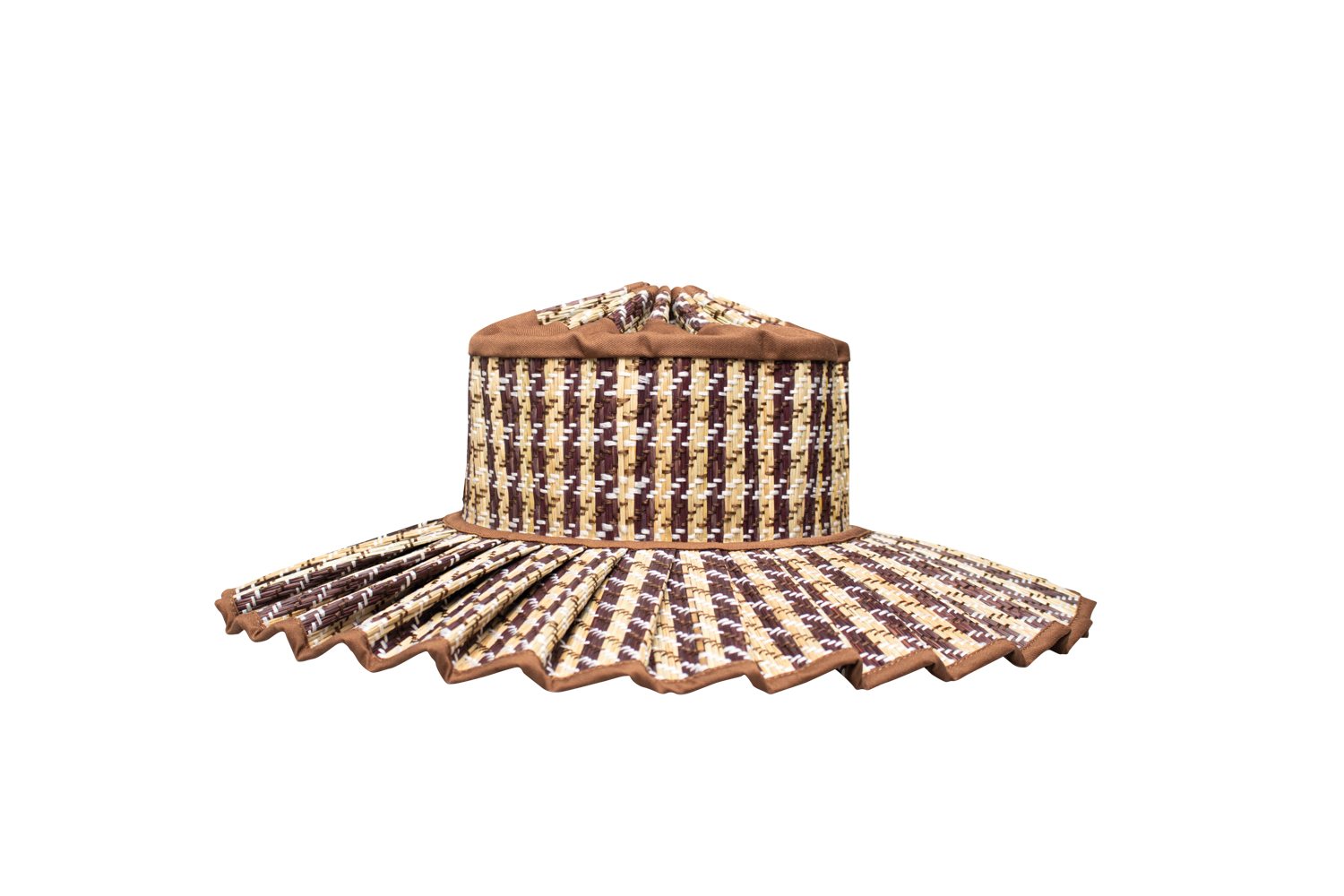 large patterned brown and white textile-based sun hat