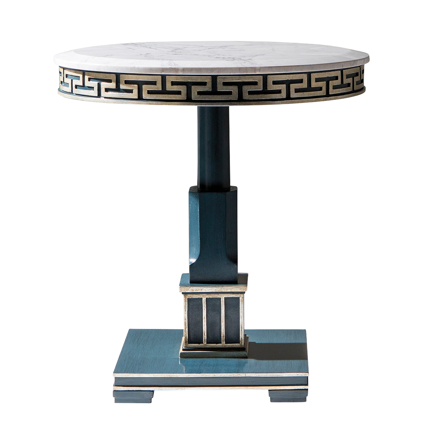 round grey side console table inspired by Greek architecture