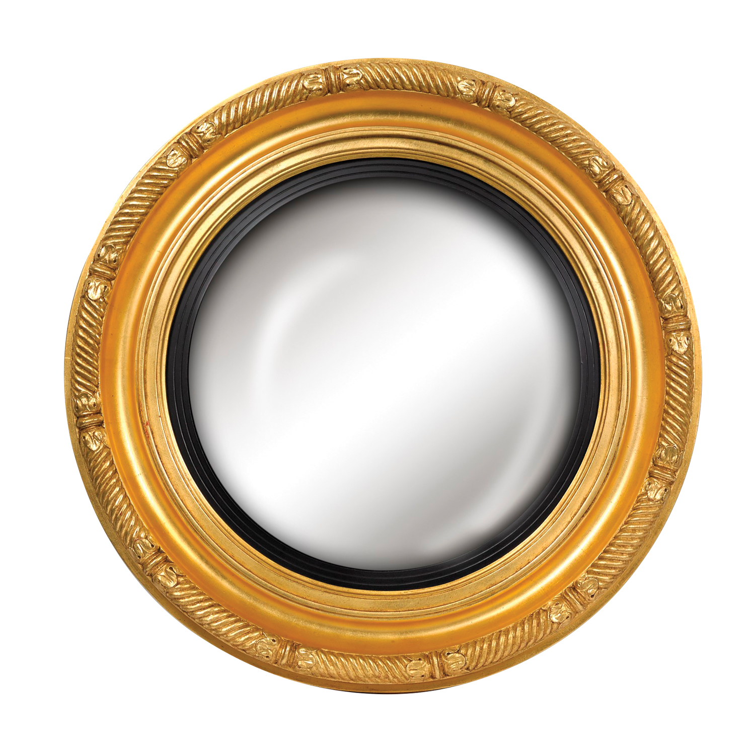 large circular gold-rimmed mirror with black ring in middle