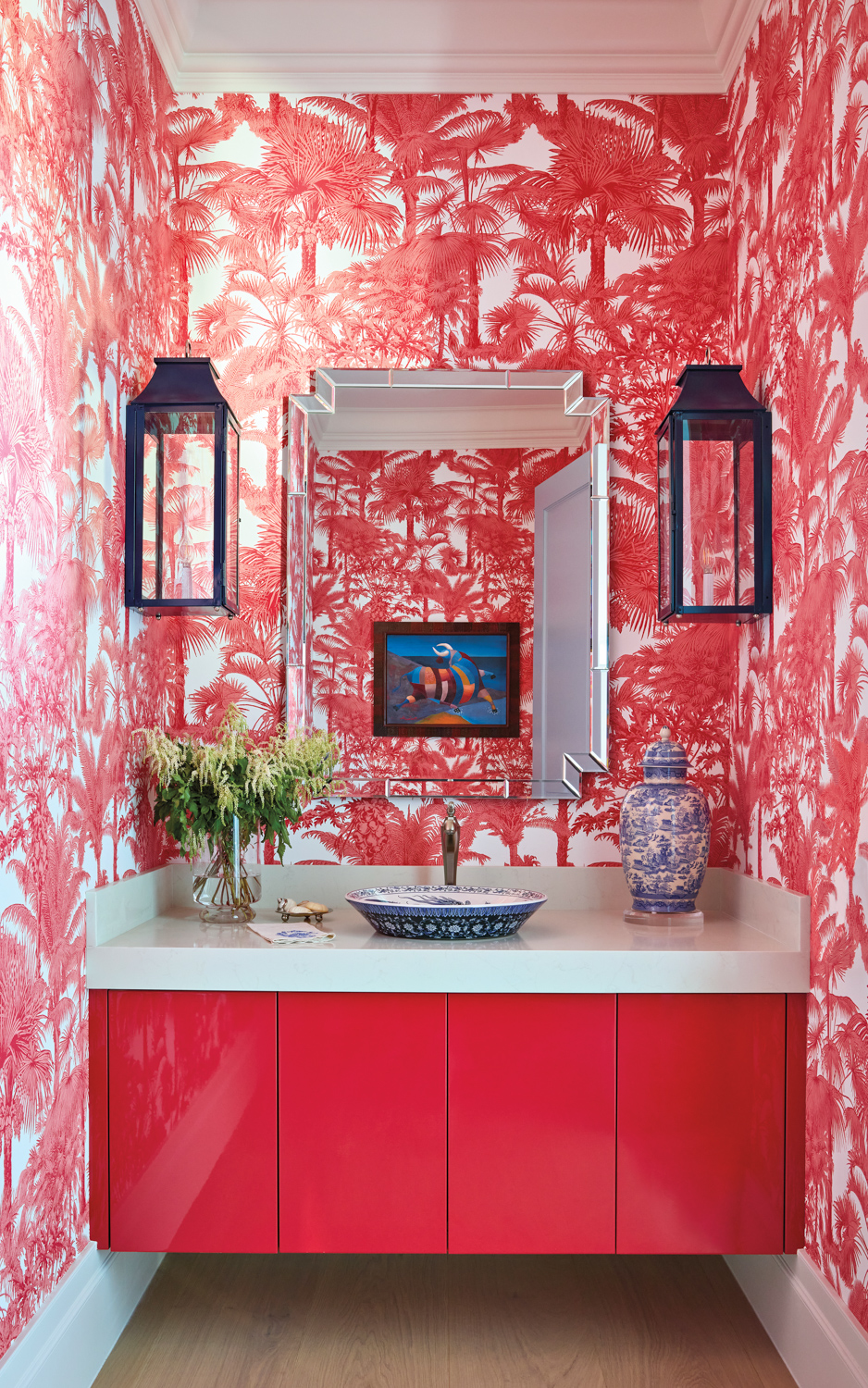 powder room with red Chinoiserie...