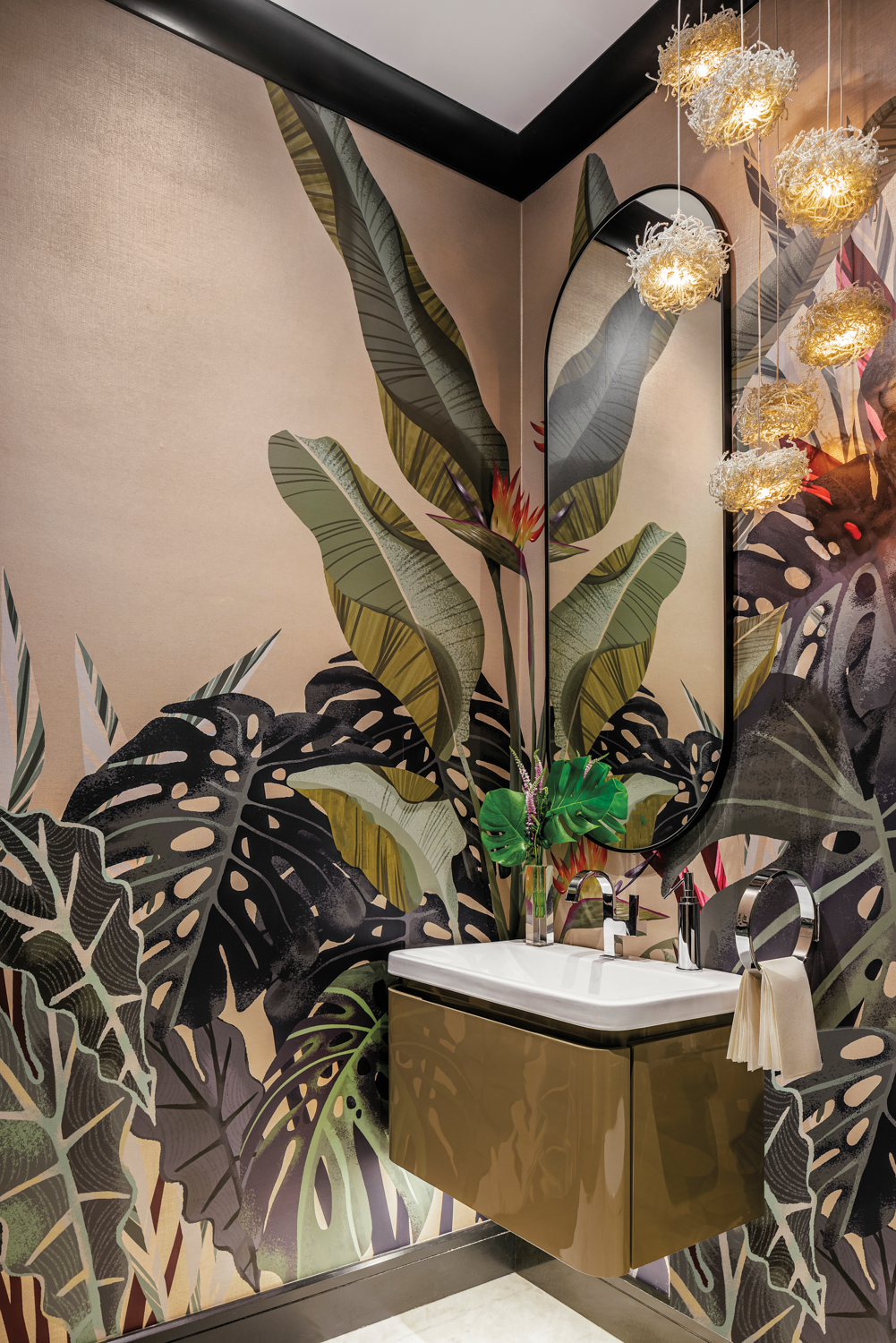 powder room with tropical wallcovering,...