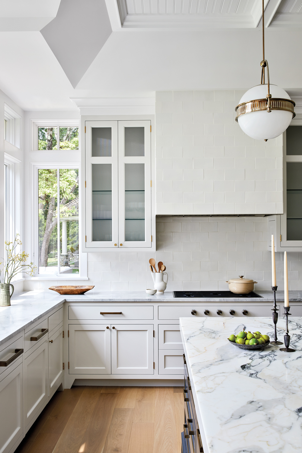white kitchen marble counters in...