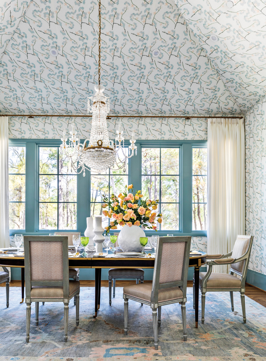 dining room with patterned walls...