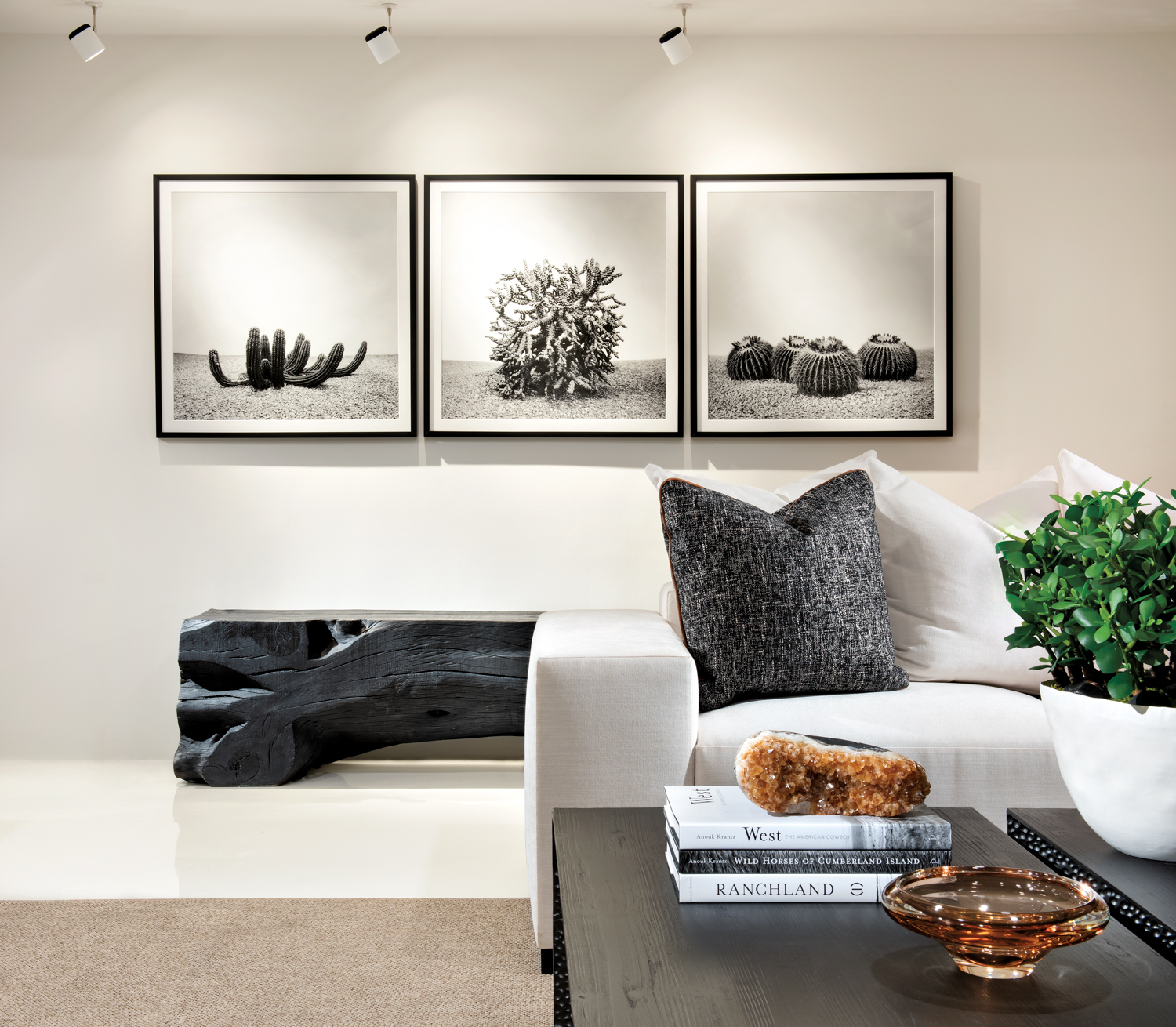 Ownby Home showroom with white sofa set in front of black-and-white landscape photos