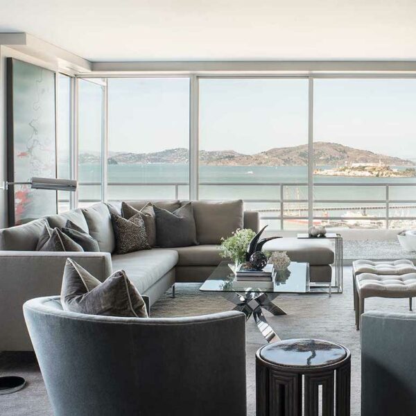 coastal California neutral living room overlooking the Pacific Ocean with panoramic windows