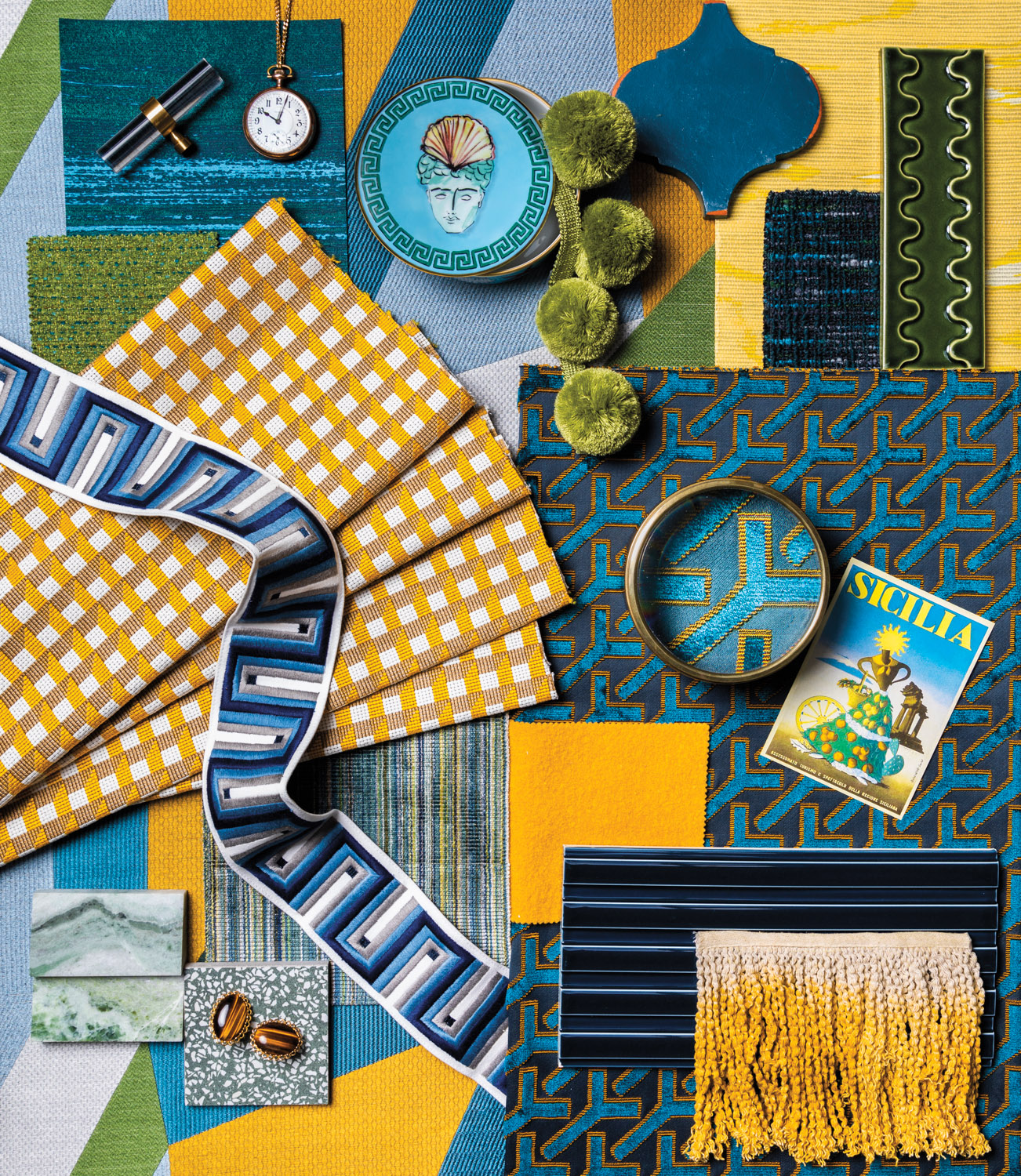 mood board with blue and yellow fabric items